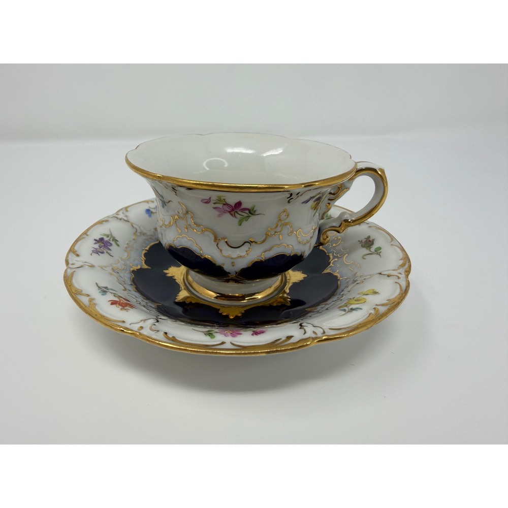 Antique Meissen Germany Porcelain Cobalt Blue Floral Gold Cup Saucer sword